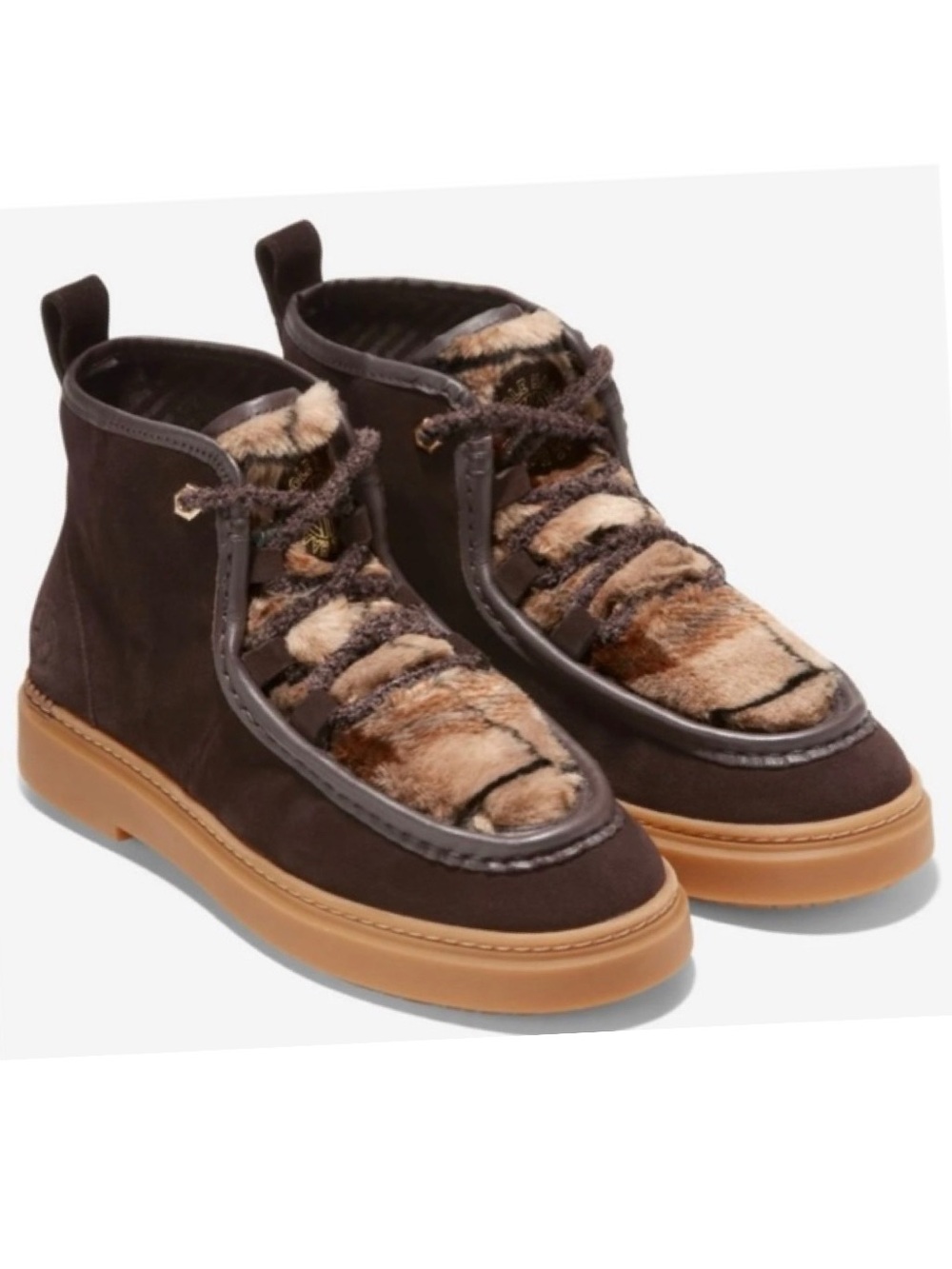 🎄🧑‍🎄 COLE HAAN Summit Chukka Booties Chocolate Brown Plaid Fur Boots NIB 7.5